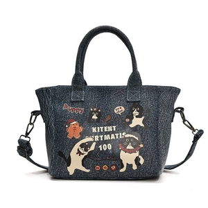 Cartoon denim tote bag with festive cat and gingerbread prints and adjustable strap