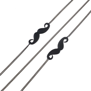 Non-slip metal eyewear chain featuring two black mustache pendants with antique bronze finish