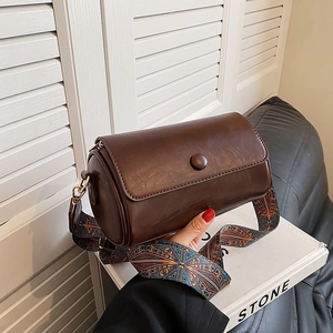 Retro Cylinder Crossbody Bag Women PU Leather Bohemian Wide Embroidered Strap Fashionable Barrel Shoulder Purse