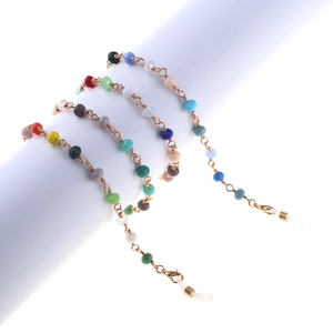 Colorful crystal beaded eyewear chain with gold links and non-slip silicone loops