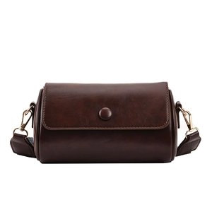 Retro dark brown cylinder pillow bag with adjustable wide shoulder strap for women