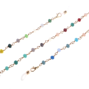 Colorful crystal beaded eyewear chain with gold metal links and anti-slip silicone loops