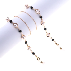 Glasses Chain For Women Gold Metal With White Imitation Artificial Pearl And Black Beads Non-Slip Eyewear Strap Anti-Lost Holder