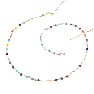 Colorful crystal beaded eyewear chain with gold links and non-slip silicone loops