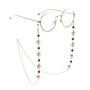 Elegant gold metal round glasses with pearl and black crystal anti-slip decorative chain