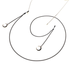 Chaîne à lunettes noire minimaliste avec pendentifs lune et boucles en silicone antidérapantes