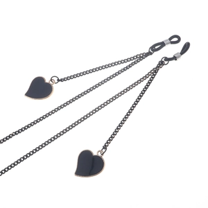 Chic black metal eyewear chain with heart pendants and adjustable silicone loops