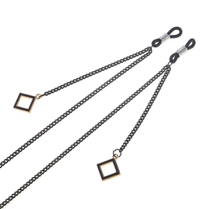 Modern black metal eyewear chain with geometric square pendants and silicone loops