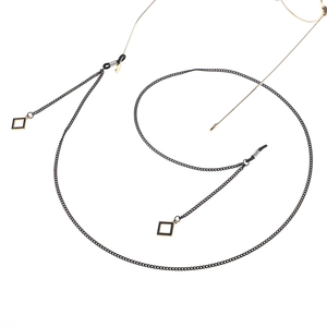 Minimalist black glasses chain with a square gold-framed pendant and adjustable rubber loops