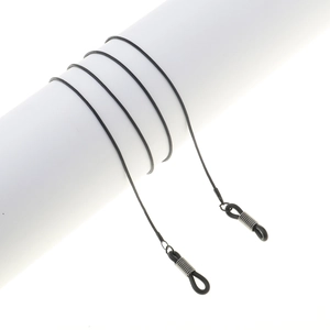 1.2mm black copper snake chain glasses strap with adjustable silicone loops on white stand