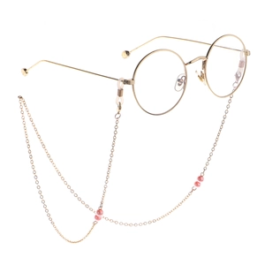 Chic gold round frame glasses with elegant pink pearl beaded chain necklace accessory