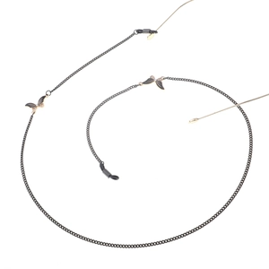 Non-slip metal eyewear chain with black rhinestone butterfly pendants and rubber loops