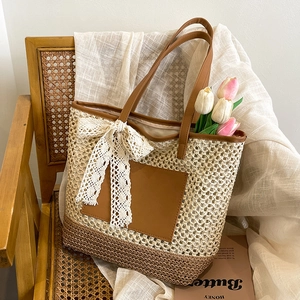 Women Large Capacity Hand Woven Straw Tote Bag Beach Vacation Shoulder Bag With Lace Bow And Leather Patch Zipper Closure