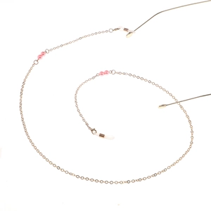 Fashionable gold metal glasses chain with elegant pink pearl beads and silicone loops