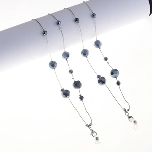 Dual-use silver necklace and eyewear chain with faceted grey crystal beads and lobster clasps