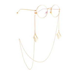 Gold multi-layer eyewear chain with geometric square pendants for retro round glasses
