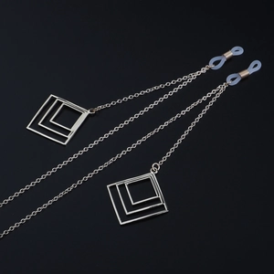 Multi-layer square pendant eyewear chain in silver finish with secure silicone grips