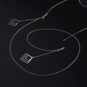 Silver multi-layer square pendant eyewear chain with non-slip silicone loops for glasses