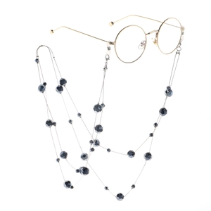 Double-layer crystal beaded glasses chain and sweater necklace in black and grey metal