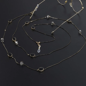 Gouden Metalen Brillenketting Voor Dames Met Zwarte Ovale Kralen En Helder Kubus Kristal Antislip Brillenkoord Ketting