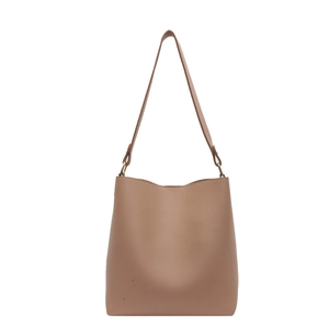 Minimalist tan leather tote bag with gold hardware and lychee texture for women