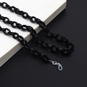 Chunky black acrylic glasses chain with silver lobster clasps and anti-slip rubber loops