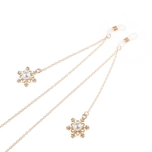 Chaîne à lunettes dorée avec pendentif flocon, perle et boucles antidérapantes en silicone