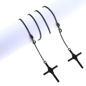 Minimalist black metal eyewear chain featuring subtle cross pendants and anti-slip hooks