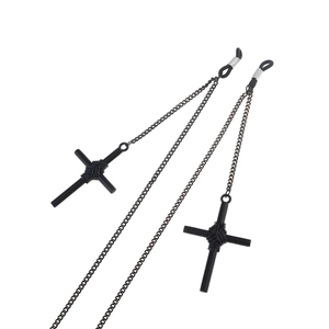Sleek black metal eyewear chain featuring dual cross pendants and non-slip rubber loops