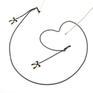Fashionable black eyewear chain with elegant bow charms and silicone anti-slip loops