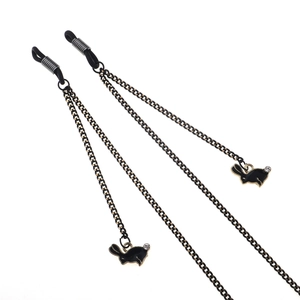 Fashionable black metal eyewear chain with cute rabbit charms and non-slip rubber loops