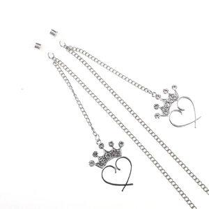 Silver metal eyewear chain featuring crown heart pendants and white sparkling rhinestones