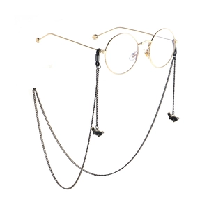 Gold round glasses with black rabbit pendant metal chain strap set for women