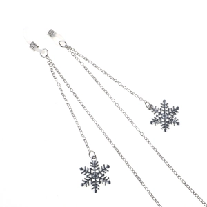Silver metal eyewear chain with snowflake charms and non-slip rubber connectors