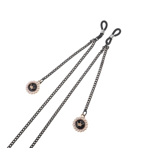 Fashionable black metal eyewear chain with elegant crown and pearl pendant charms