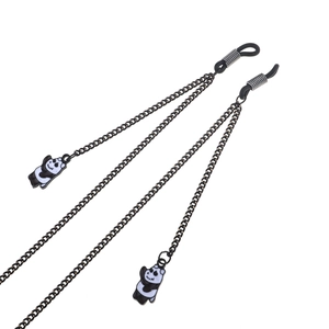 Modische schwarze Brillenlkette aus Metall mit süßen Panda-Anhängern und Gummischlaufen