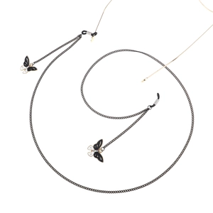 Fashionable black metal eyewear chain with butterfly charms and sparkling crystal accents