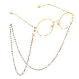 Lunettes dorées à monture ronde avec chaîne en perles de cristal gris fait main
