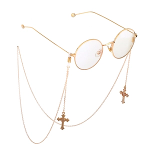 Chaîne à lunettes dorée avec pendentifs croix en strass sur lunettes rondes vintage