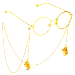 Golden round glasses with handmade metal eyewear chain and natural seashell charms