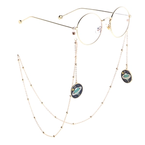 Catenella Per Occhiali In Metallo Dorato Con Ciondolo Pianeta Saturno In Smalto Blu Cordino Antiscivolo Da Donna