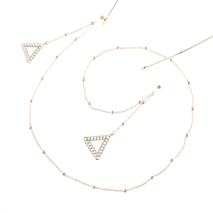 Gold fashion eyewear chain with metallic beads, triangle pendants and non-slip silicone loops