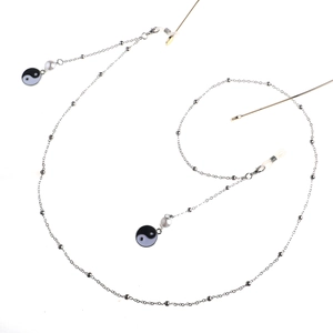 Silver beaded eyeglass chain with pearl accents and Tai Chi yin yang pendant charm