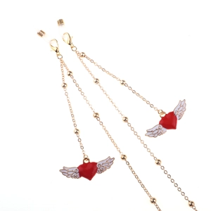 Golden beaded eyewear chain with red heart and white wing pendant for glasses