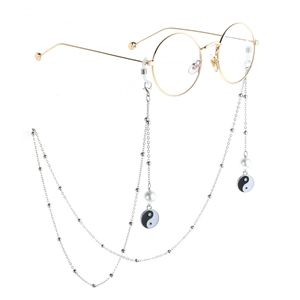 Silver Beaded Glasses Chain Faux Artificial Pearl Yin Yang Tai Chi Pendant Anti Slip Eyewear Lanyard Holder Strap Accessory Women