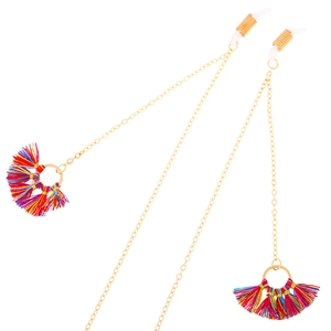 Golden metal eyewear chain with vibrant colorful tassels and non-slip silicone loops