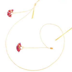 Golden eyewear chain featuring multi-colored thread tassels with secure silicone loops