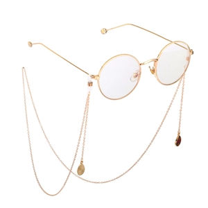 Retro gold round metal glasses with decorative chain and colorful enamel pendant