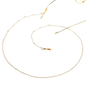 Golden delicate eyewear chain necklace with small white pearls and silicone loops