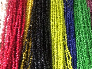 Macro detail of colorful small seashells and resin beads strings for eyewear chains